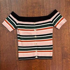 Lottie Moss Cropped Striped Fitted Off the Shoulder Crop Top, Size XS